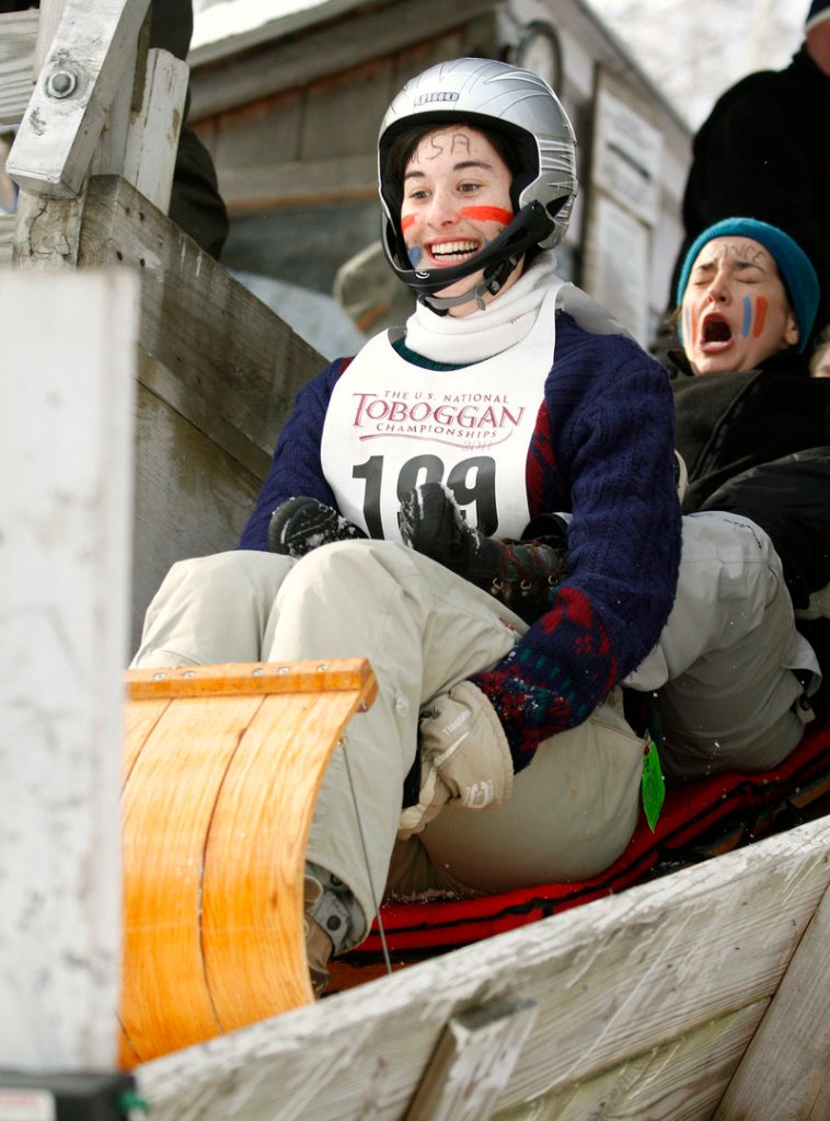Megan Smeaton, left, and Eugenie Samson, students at McGill University in Montreal, brace themselves for their first run.