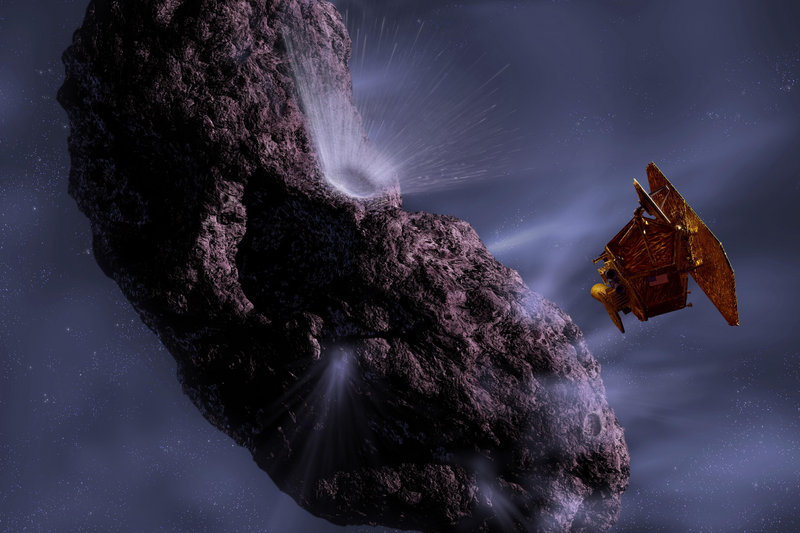 Artist’s rendering shows the Deep Impact spacecraft’s encounter with comet Tempel 1. The Stardust probe is expected to fly within 125 miles of the comet tonight.
