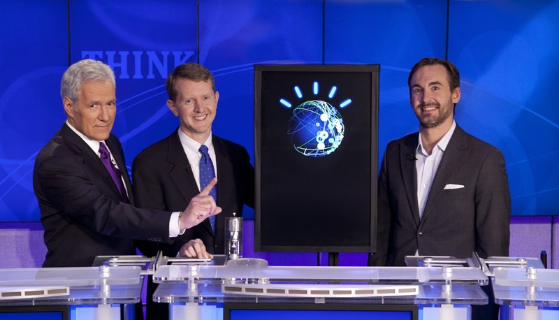 “Jeopardy!” game show host Alex Trebek, left, poses with returning champion contestants Ken Jennings, center, Brad Rutter, and a supercomputer named Watson at the IBM research center in Yorktown Heights, N.Y.