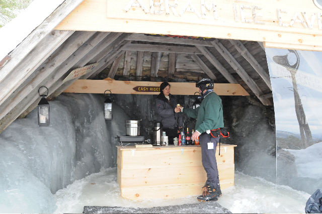 Mt. Abram’s ice cave opened to the public this winter. Snacks are available on Saturdays and during vacations. The rest of the time, it serves as an unusual rest stop halfway down the mountain.