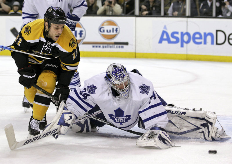 Toronto goalie James Reimer sprawls to deny a scoring chance by Bruins center Gregory Campbell during Tuesday night’s game in Boston. Toronto rallied for a 4-3 win.