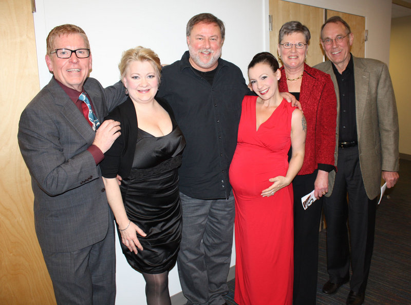 Executive Director Steven Peterson, actress Charis Leos, pianist Edward Reichert, actress Jenny Lee Stern, board president Marge Healing and Bob Healing are all smiles backstage after the show.