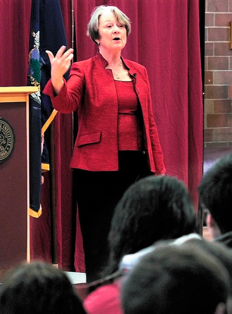 Former Maine Speaker of the House and gubernatorial candidate Libby Mitchell addresses students at Maine Central Institute in Pittsfield on Wednesday.