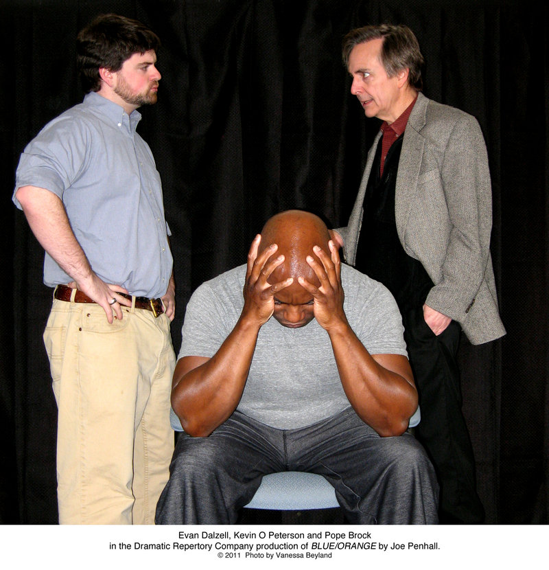 Evan Dalzell, Kevin O Peterson and Pope Brock rehearse a scene from Dramatic Repertory Company's production of Joe Penhall's "Blue/Orange." The play opens Wednesday and runs through March 12.