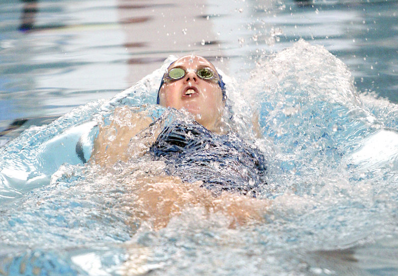 Emily Buczkowski of Morse swims the backstroke leg of the 200-yard medley relay during the trials of the Class A girls’ swimming meet Monday at Bowdoin College’s Greason Pool in Brunswick. Morse posted the fastest time in the trials and also won the final.