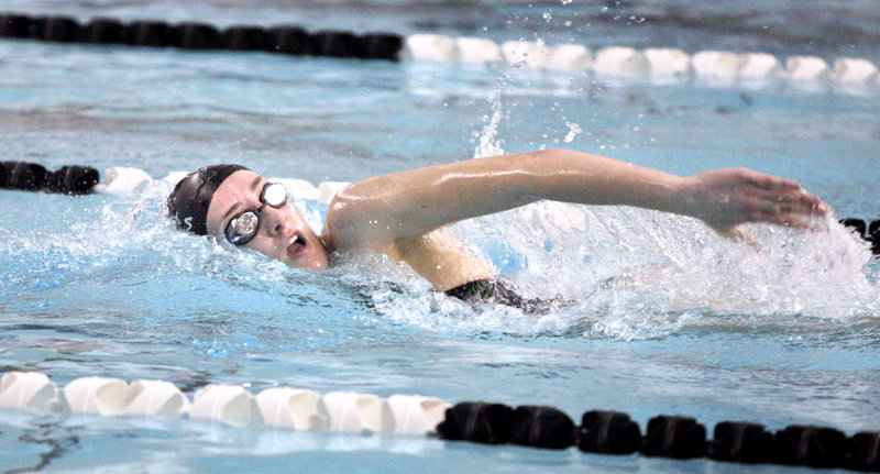 Elaine Miller of Windham swam well in the trials of the 200-yard freestyle at the Class A girls’ meet and went on to finish third in the finals.