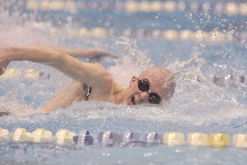 Kyle Morrison of Greely swims the second leg of the 200-yard freestyle relay in the prelims at the Class B boys’ state championships in Orono. He teamed with Jon Higgins, Ian Mecray and Peter Pacent to win the event in the finals.