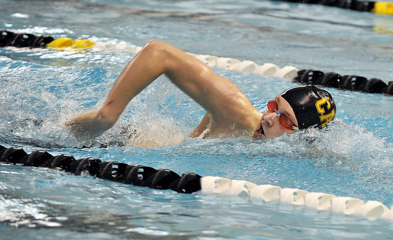 Evan Long of Cape Elizabeth dropped more than five seconds off his seed time and won the 200-yard freestyle with a time of 1:47.38.