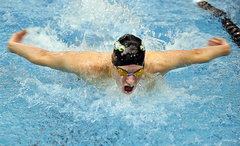 Tyler Wright of Massabesic saved his best for the biggest stage on Tuesday in the Class A boys’ state swimming meet on the campus of Bowdoin College in Brunswick. Wright, a junior, was seeded first in the 100-yard butterfly, posted the top time in trials and went on to win the final.