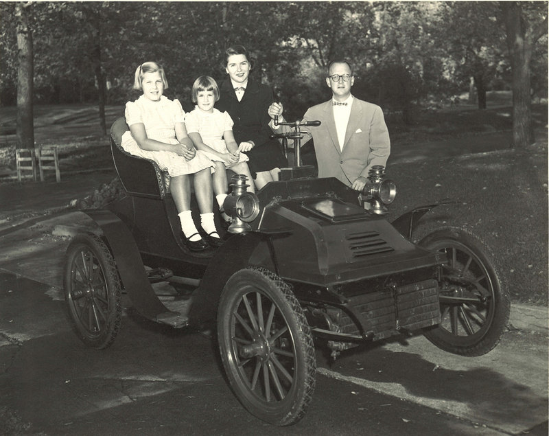 Will Borders' relatives are shown with the car, circa 1954: Barbara and James Burkham, his grandmother and grandfather; Barbara (Burkham) Borders at age 10, his mother; and Nancy (Burkham) Williams, at age 7, his aunt.