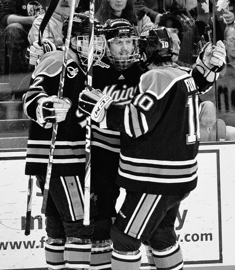 Gustav Nyquist, center, enters Maine’s weekend series against Merrimack fifth in Hockey East scoring with 15 goals and 23 assists, with goals in the last six games.