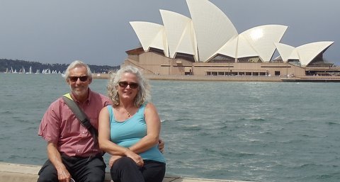 Kate and Arthur Borduas are shown in front of the Sydney Opera House in Australia. They later traveled to New Zealand