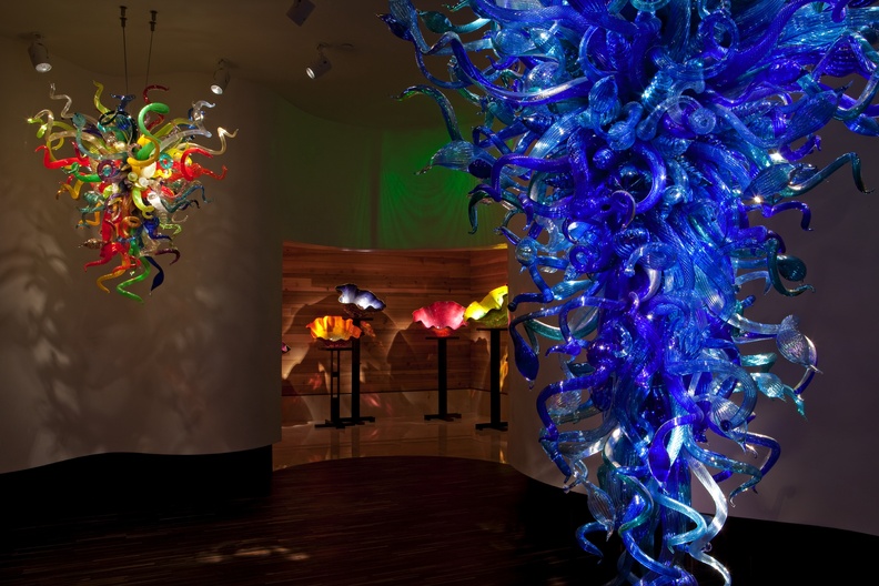 A huge deep blue chandelier is one of the first things you see when you enter the Dale Chihuly exhibit at the Morean Arts Center of St. Petersburg.