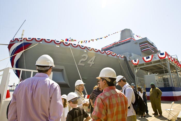 The Arlington (LPD 24), the third in a series of U.S. Navy amphibious assault vessels named in honor of the victims of the 9/11 terrorist attacks, at Northrop Grumman Shipbuilding in Pascagoula, Miss., awaits christening recently.