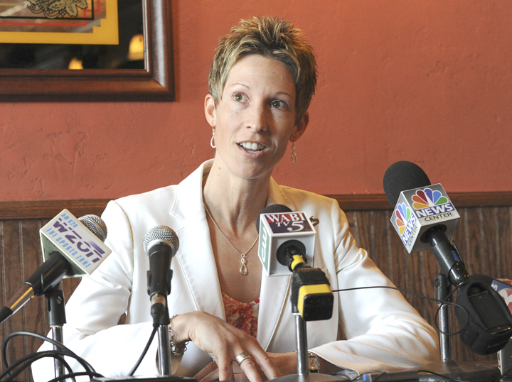 Cindy Blodgett holds a press conference at Paddy Murphy's restaurant in Bangor about her firing as women's basketball coach at the University of Maine.