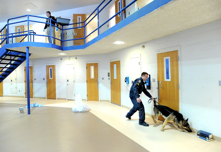 Officers from a half-dozen police agencies used drug-sniffing dogs to search the Cumberland County Jail today for contraband.