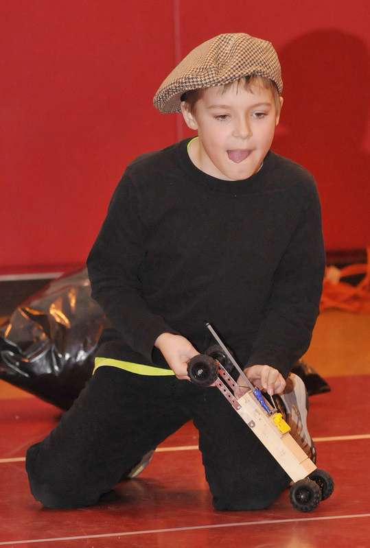 Andrew Sharp, 9, of Village Elementary School in Gorham concentrates as he is about to release his team's vehicle during Extreme Mouse Mobiles.