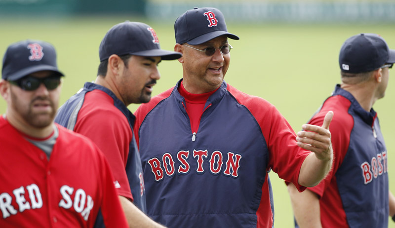 Boston Red Sox manager Terry Francona talks with his players during practice prior to facing theTampa Bay Rays in today. The Red Sox are breaking camp in Florida with one exhibition game in Houston on Wednesday, prior to Thursday's season opener against the Rangers in Texas. From left are Kevin Youkilis, Adrian Gonzalez and Francona.