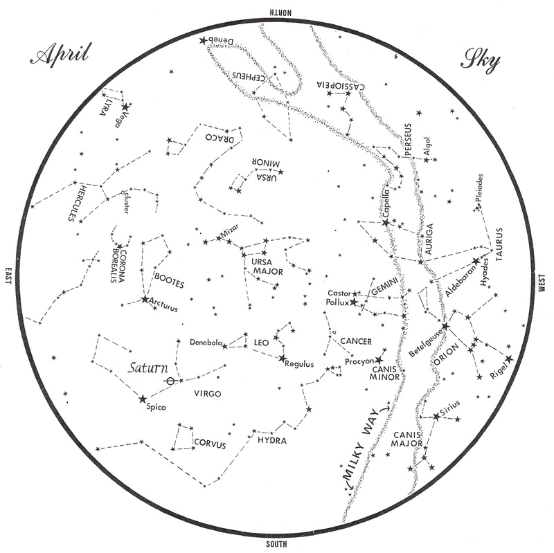 This chart represents the sky as it appears over Maine during April. The stars are shown as they appear at10:30 p.m. early in the month, at 9:30 p.m. at midmonth and at 8:30 p.m. at month’s end. Saturn is shown in its midmonth position. To use the map, hold it vertically and turn it so that the direction you are facing is at the bottom.