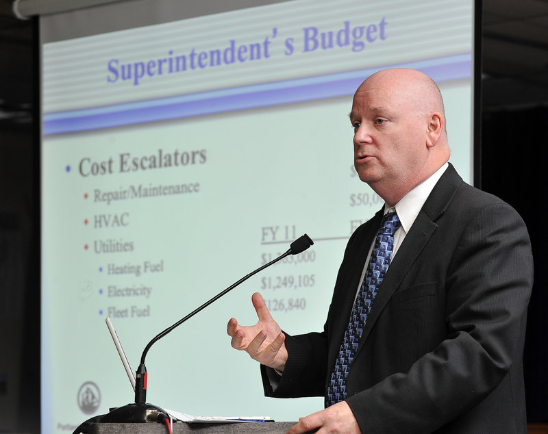 Portland Superintendent of Schools Jim Morse presents his budget Tuesday night.