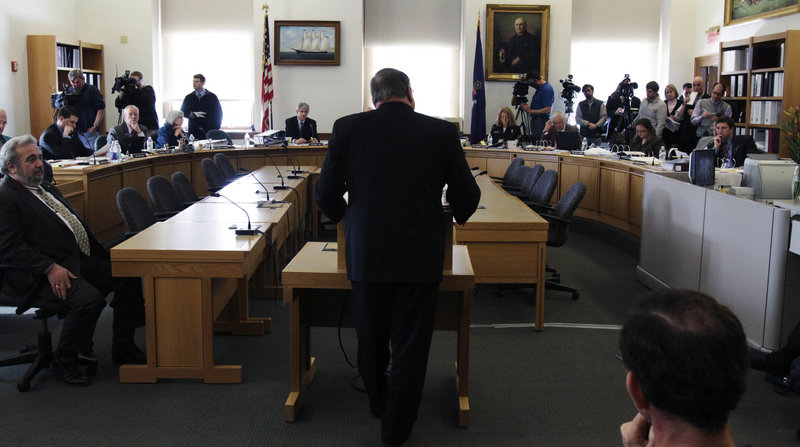 Gov. Paul LePage addresses the Legislature’s Appropriations Committee during a hearing Wednesday in Augusta. LePage defended his proposal for a reduction in state pension benefits, saying it is necessary to ensure the program’s long-term viability.