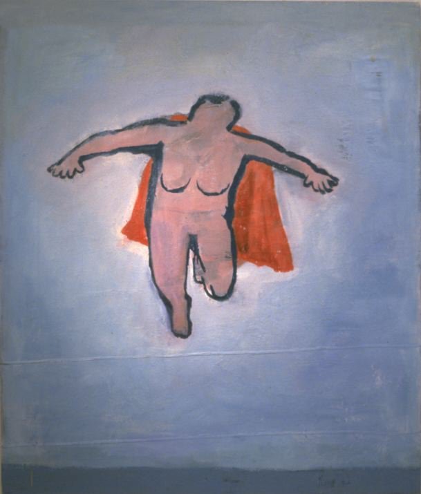 Katherine Bradford’s “Woman Flying,” oil on drop cloth canvas, 2000.