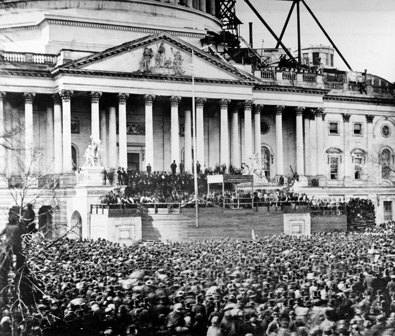 President Abraham Lincoln stands under cover at the center of the Capitol steps during his first inauguration in Washington, D.C., in this March 4, 1861 photo. Lincoln’s Gettysburg Address has inspired Americans for generations, but his views on resettling blacks from the United States to a colony in Central America are less well-known.