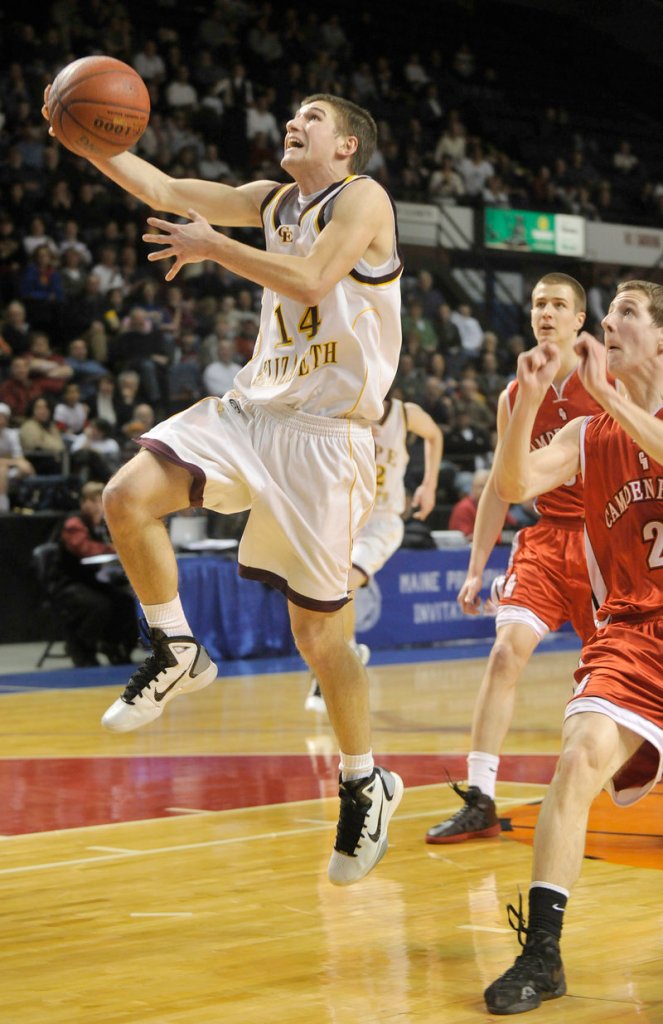 Joey Doane of Cape Elizabeth heads to the basket on a breakaway during the Class B state final at the Cumberland County Civic Center.
