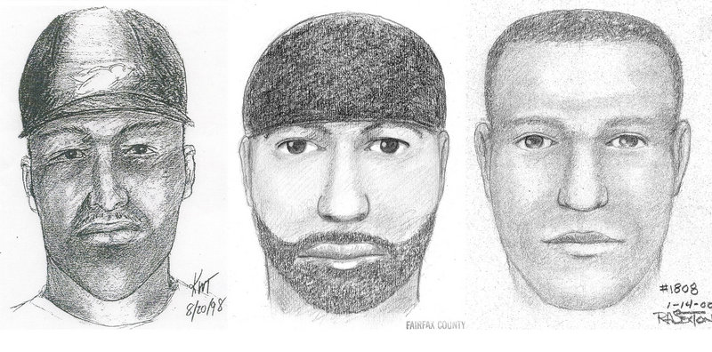Artists sketches provided by police in Virginia show the likeness of a suspect wanted for 12 sexual assaults or attempted sexual assaults between 1997 and 2009 in Maryland, Virginia, Connecticut and Rhode Island. The sketches were made, from left, in 1998, 1999 and 2000.