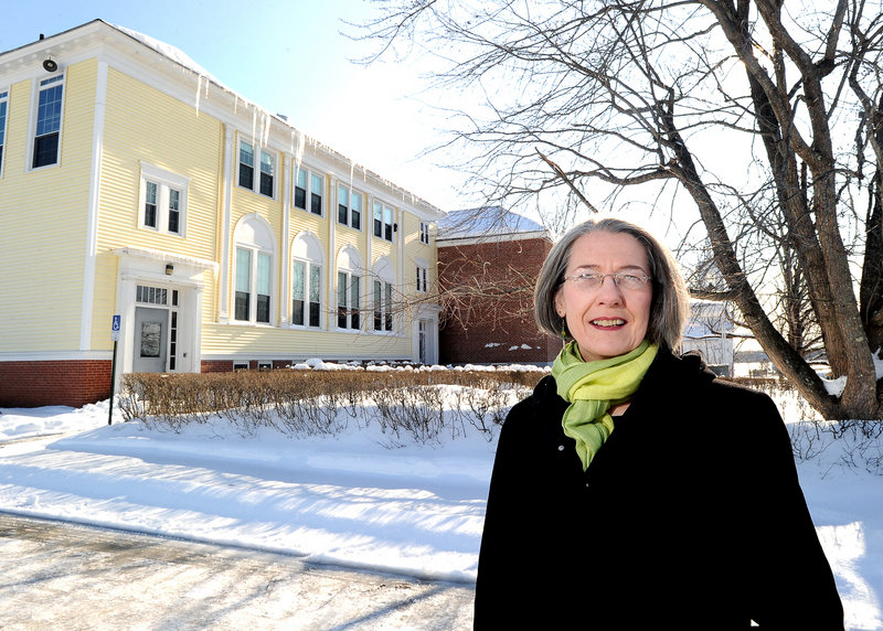 Jan Hill, president of the Buxton-Hollis Historical Society, is working to save the former Hanson Elementary School.