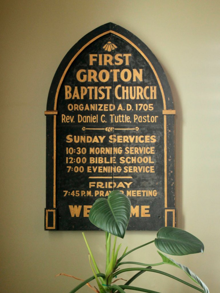 A sign – though for another church – fits right in with the decor.