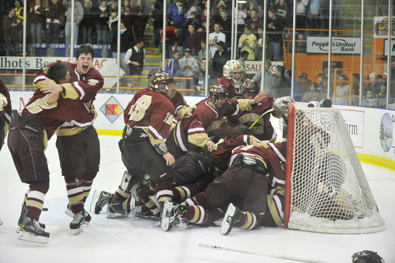 There's no containing the excitement of Thornton Academy's hockey team Tuesday night after a 4-3 victory over Biddeford in the Western Class A final in Lewiston. The Trojans will play in their first state title game on Saturday night.