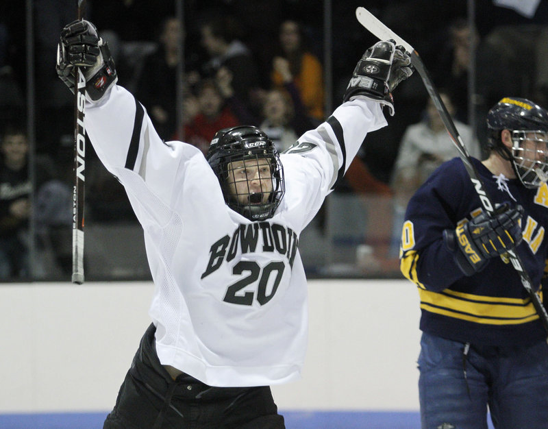 Bryan Rosata celebrates his first career goal, and he couldn't have picked a better time to score it: during a 2-1 win over Neumann University in the first round of the NCAA Division III men's hockey tournament.
