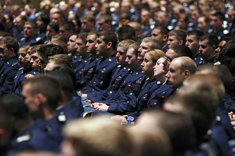 Cadets listen as Defense Secretary Robert Gates speaks at the Air Force Academy in Colorado last week. Patrick K. Gamble, the man picked to assess the religious climate at the academy, said that he’ll assemble a team to conduct “a blinders-off look.”