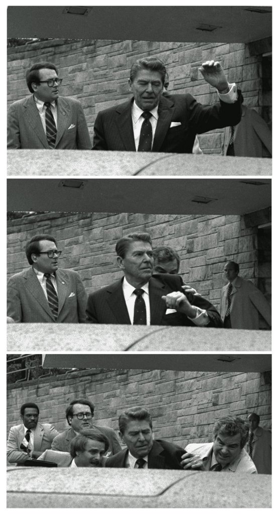 Sequential photos from March 30, 1981, show President Reagan waving, then looking up, before he is hurriedly shoved into the presidential limousine by Secret Service agents after being shot during an assassination attempt by John Hinckley Jr. outside a Washington hotel.
