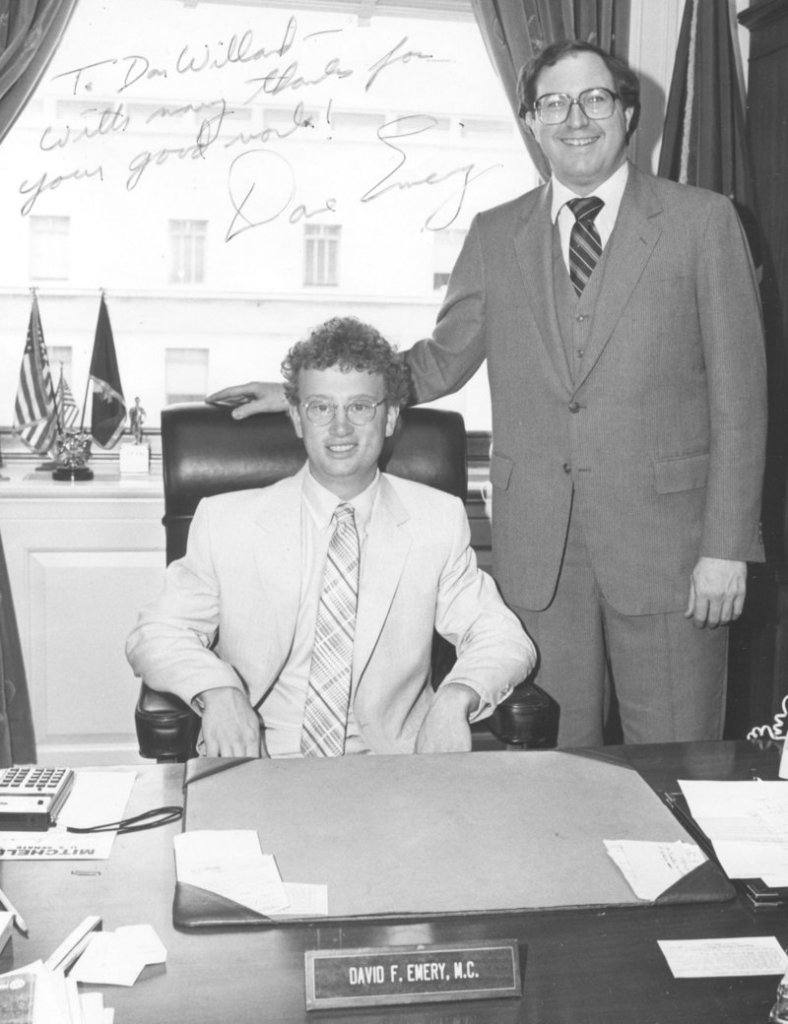 Don Willard, left, sits at the desk of Maine Republican U.S. Rep. David Emery, right, during his internship in 1982.