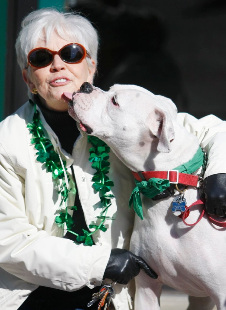 Beth Sanfler of Bath cuddles with her boxer, Ivan, while waiting for her son, Chris Kibler, to finish the 5K race. Kibler won the race.