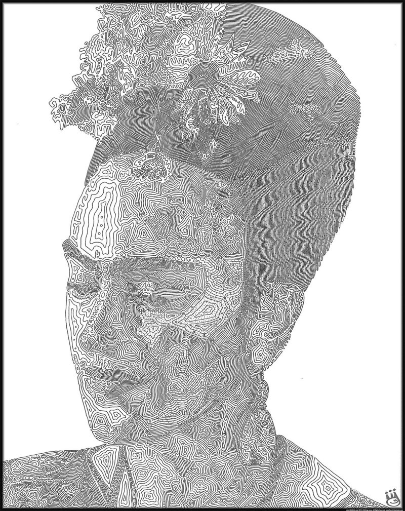 Eric Giddings uses non-intersecting lines instead of dots to indicate shading, as in this portrait of Mexican painter Frida Kahlo.