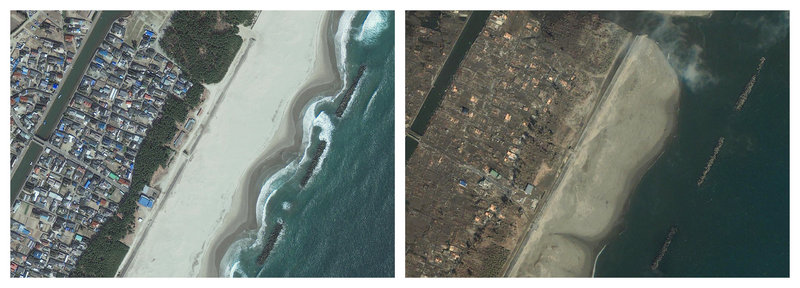 A combination of images provided by GeoEye shows the Arahama area of Sendai, Japan, on April 10, 2010, left, and Saturday after the earthquake struck, causing a tsunami that devastated the region. Scientists have already determined that Friday’s earthquake shifted Earth on its axis, slightly shortening the length of a day.