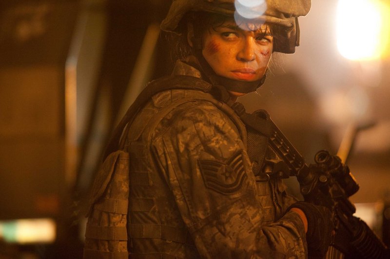 Michelle Rodridguez in the Earth-against-the aliens thriller "Battle: Los Angeles," also starring Aaron Eckhart.