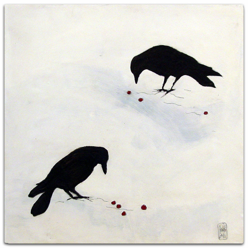 Crows on Snow,” encaustic on panel by Karen Dominguez.