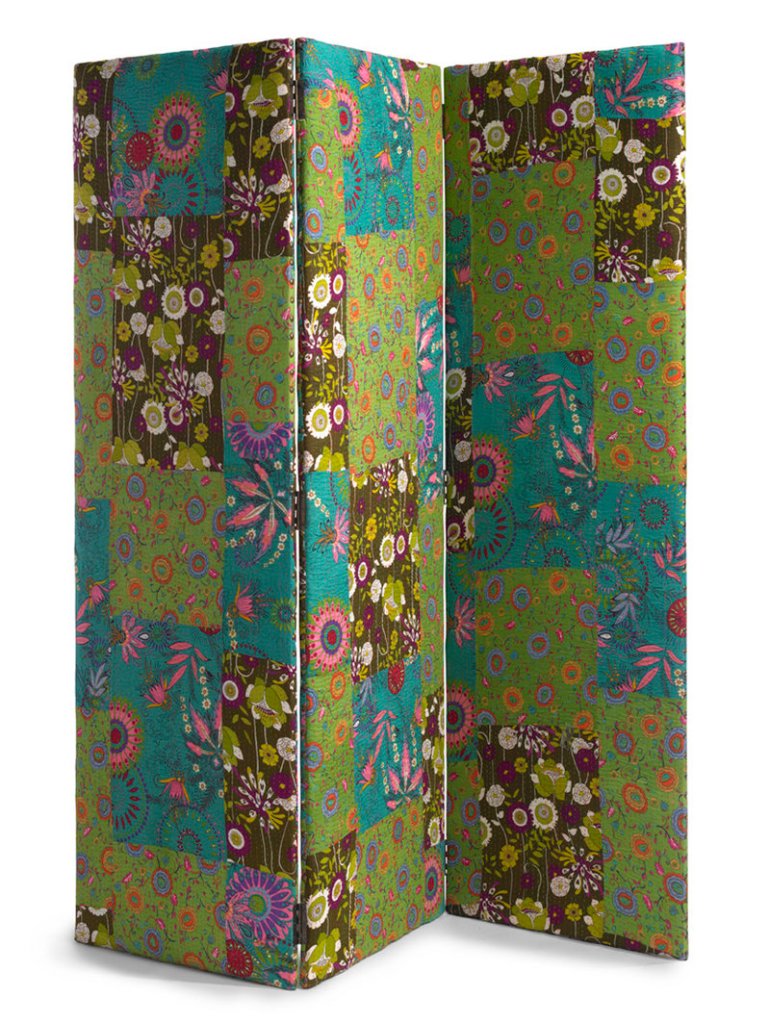 Floral motifs are everywhere – on furniture, textiles, wall art and accessories such as this patchwork room divider.