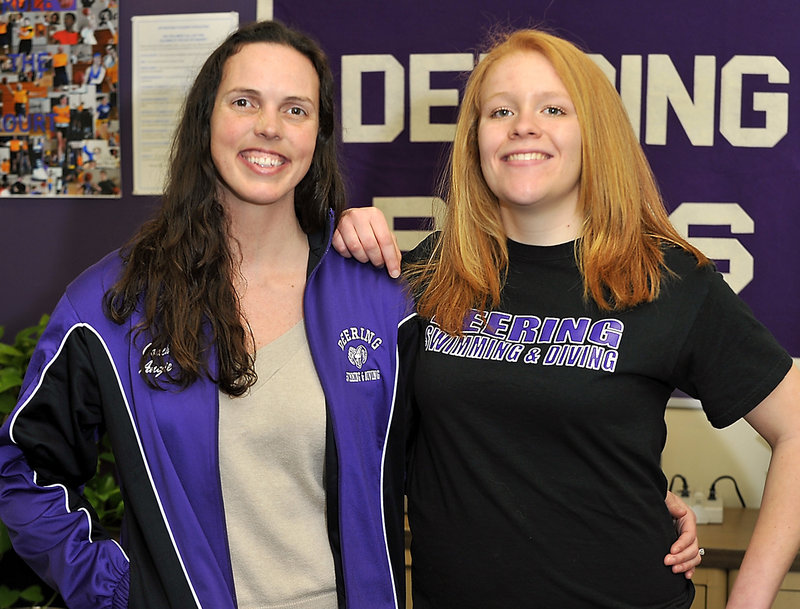 Angie Chessey, left, Deering High School swim coach, rewarded the determination of senior co-captain Stephanie Libby, right, by entering her in a relay at the state meet.