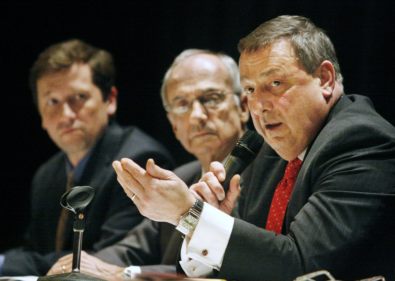 Gov. Paul LePage, right, is joined by Commissioner Darryl Brown of the Maine Department of Environmental Protection, center, and Commissioner Stephen Bowen of the Department of Education at a town meeting Friday at Thornton Academy in Saco.