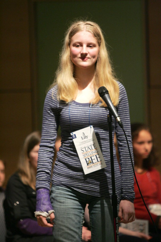 Cape Elizabeth Middle School eighth-grader Lily Jordan became a repeat champion Saturday in the Maine State Spelling Bee. She will represent the state at the national bee in Washington in June.