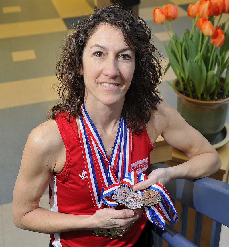 Sue McCarthy won the 400 meters, and was second in the 60 and 200 during a recent national Masters meet.