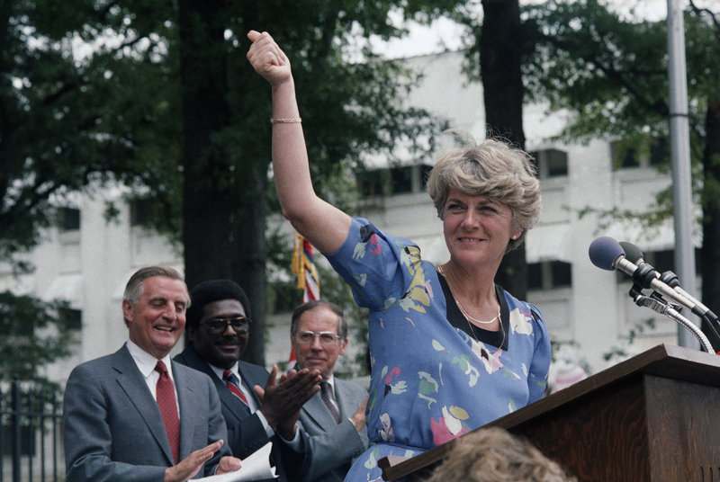 Democratic vice presidential candidate Geraldine Ferraro gives a thumbs-up to supporters in Jackson, Miss., in 1984. Behind her, from left, are presidential candidate Walter Mondale, state Rep. Robert Clark and former Gov. William Winter. She sometimes overshadowed Mondale.