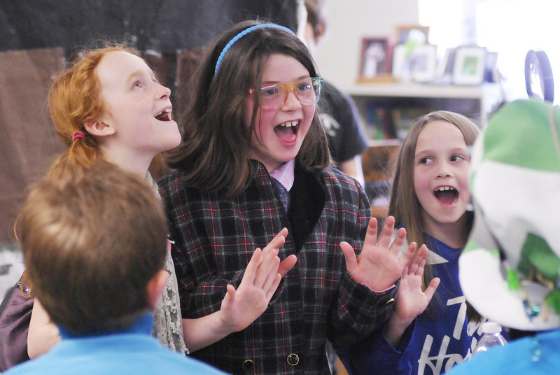 As judges look on, students from the Breakwater School in Portland perform a short play as part of a challenge called Le Tour Guide at the Odyssey of the Mind state tournament on Saturday at Sanford High School. They are, from left, Arianna Coan-Prichard, Dora Chaison-Lapine and Tova Kemmerer.