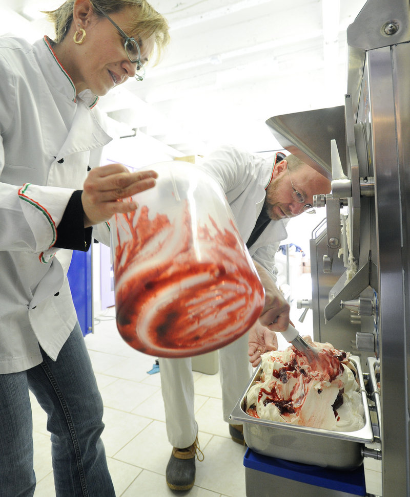Ray Routhier helps Mariagrazia Zanardi make berry gelato at Gorgeous Gelato in Portland.