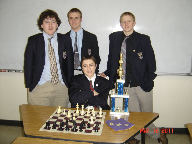 The Cheverus High School Chess Team includes, rear, from left, Cameron Prescott, Connor Mains, Pat Jerome; seated, Ethan Bergeron. Missing is Zachery Dulac.